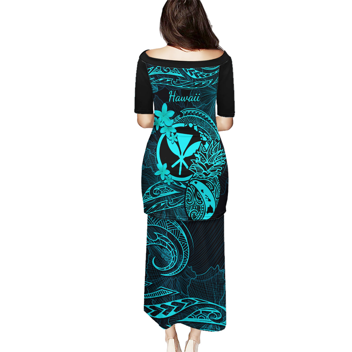 Hawaii Family Matching Puletasi Dress and Hawaiian Shirt Pineapple Mix Polynesian Plumeria Turquoise Version - Wonder Print Shop