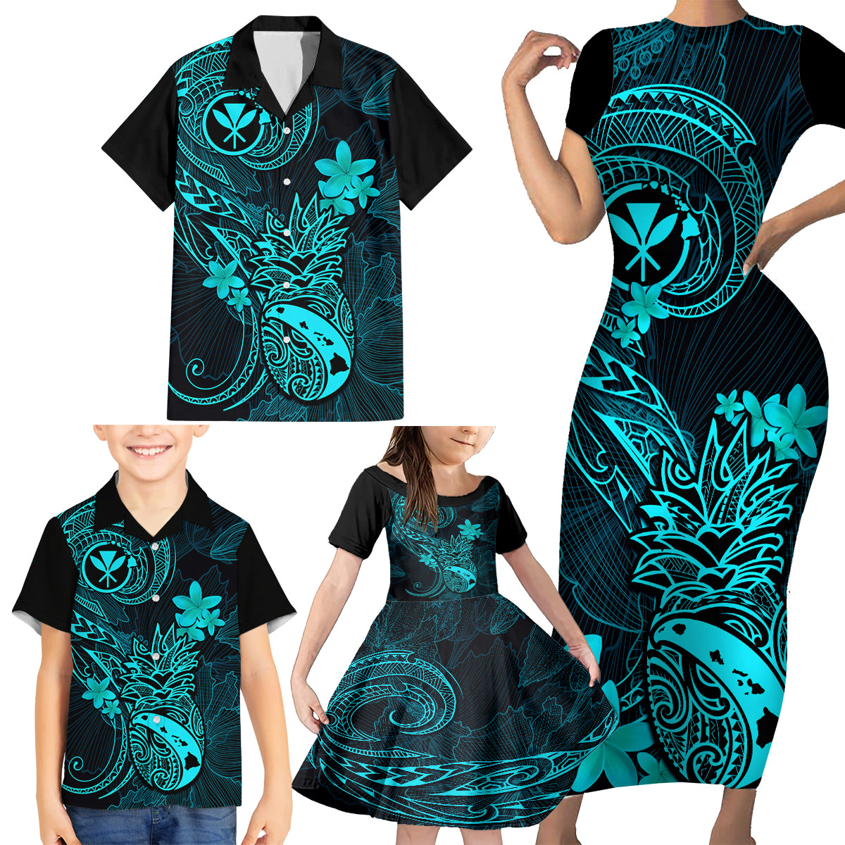 Hawaii Family Matching Short Sleeve Bodycon Dress and Hawaiian Shirt Pineapple Mix Polynesian Plumeria Turquoise Version - Wonder Print Shop