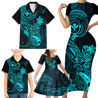 Hawaii Family Matching Short Sleeve Bodycon Dress and Hawaiian Shirt Pineapple Mix Polynesian Plumeria Turquoise Version - Wonder Print Shop
