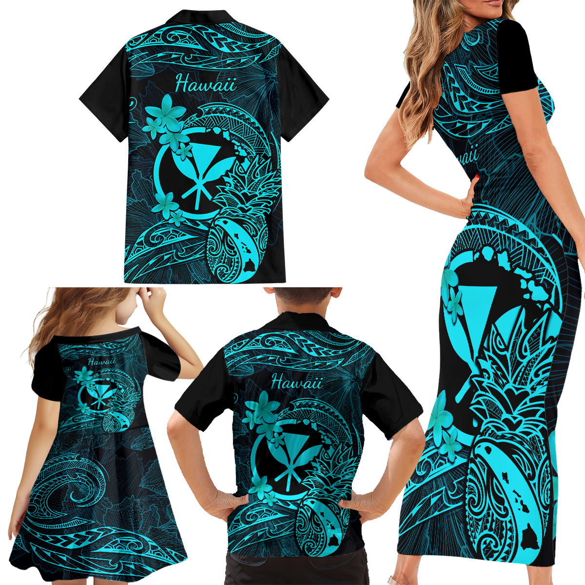 Hawaii Family Matching Short Sleeve Bodycon Dress and Hawaiian Shirt Pineapple Mix Polynesian Plumeria Turquoise Version - Wonder Print Shop