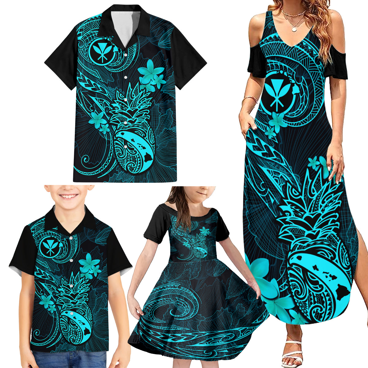 Hawaii Family Matching Summer Maxi Dress and Hawaiian Shirt Pineapple Mix Polynesian Plumeria Turquoise Version - Wonder Print Shop