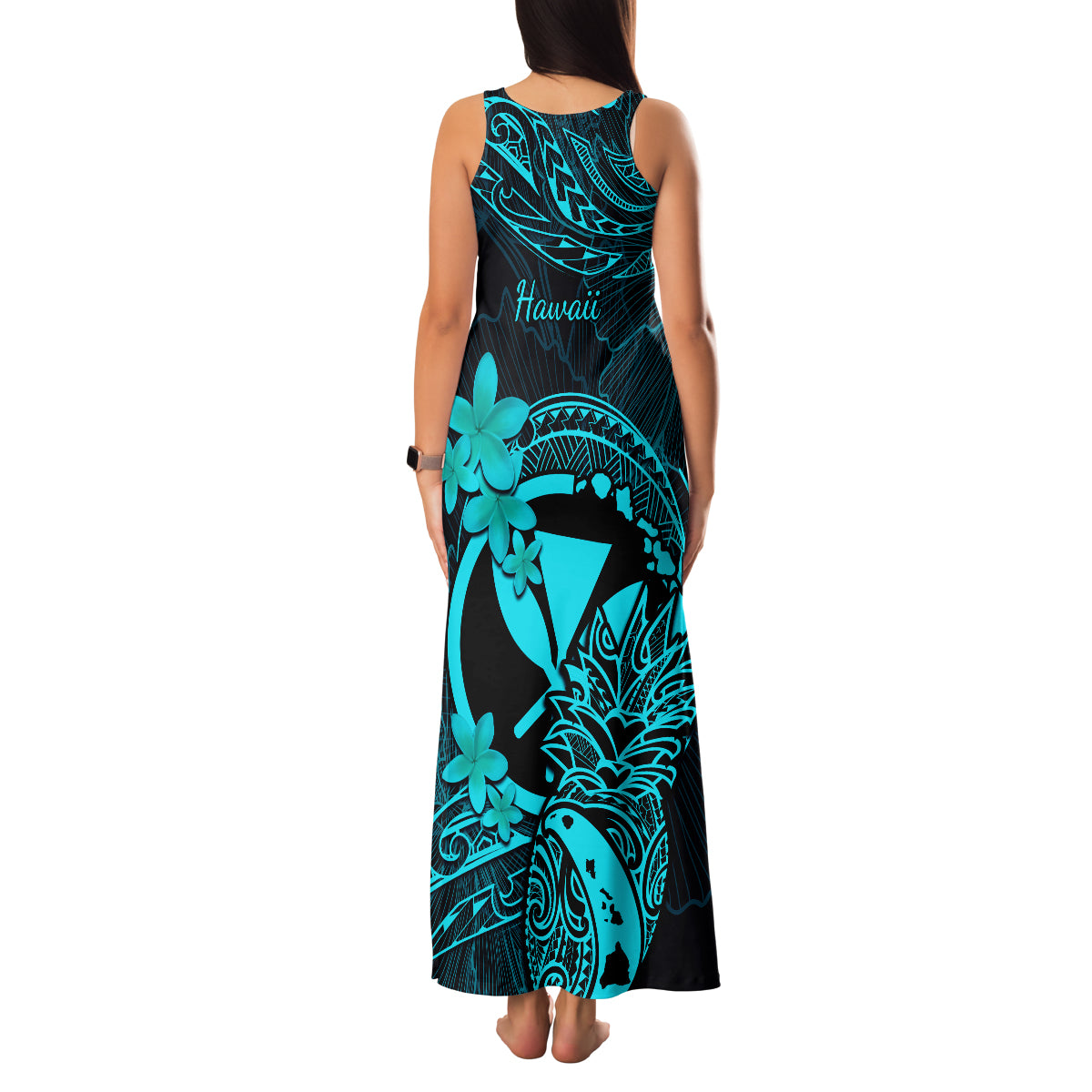 Hawaii Family Matching Tank Maxi Dress and Hawaiian Shirt Pineapple Mix Polynesian Plumeria Turquoise Version - Wonder Print Shop
