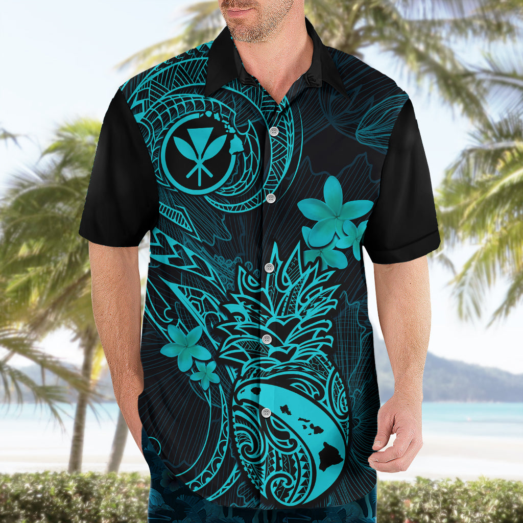 Hawaii Hawaiian Shirt Pineapple Mix Polynesian Plumeria Turquoise Version - Wonder Print Shop