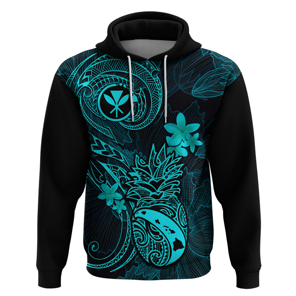 Hawaii Hoodie Pineapple Mix Polynesian Plumeria Turquoise Version - Wonder Print Shop