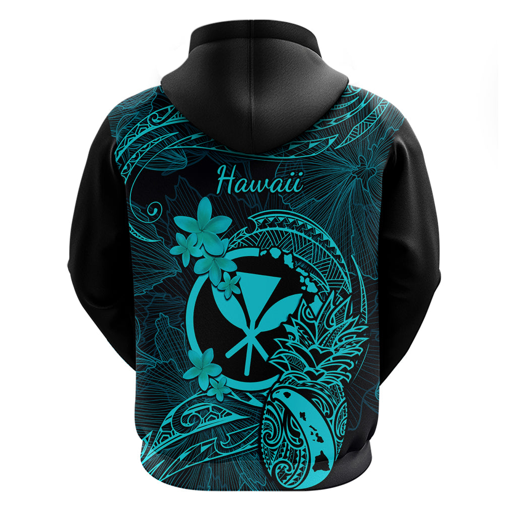 Hawaii Hoodie Pineapple Mix Polynesian Plumeria Turquoise Version - Wonder Print Shop