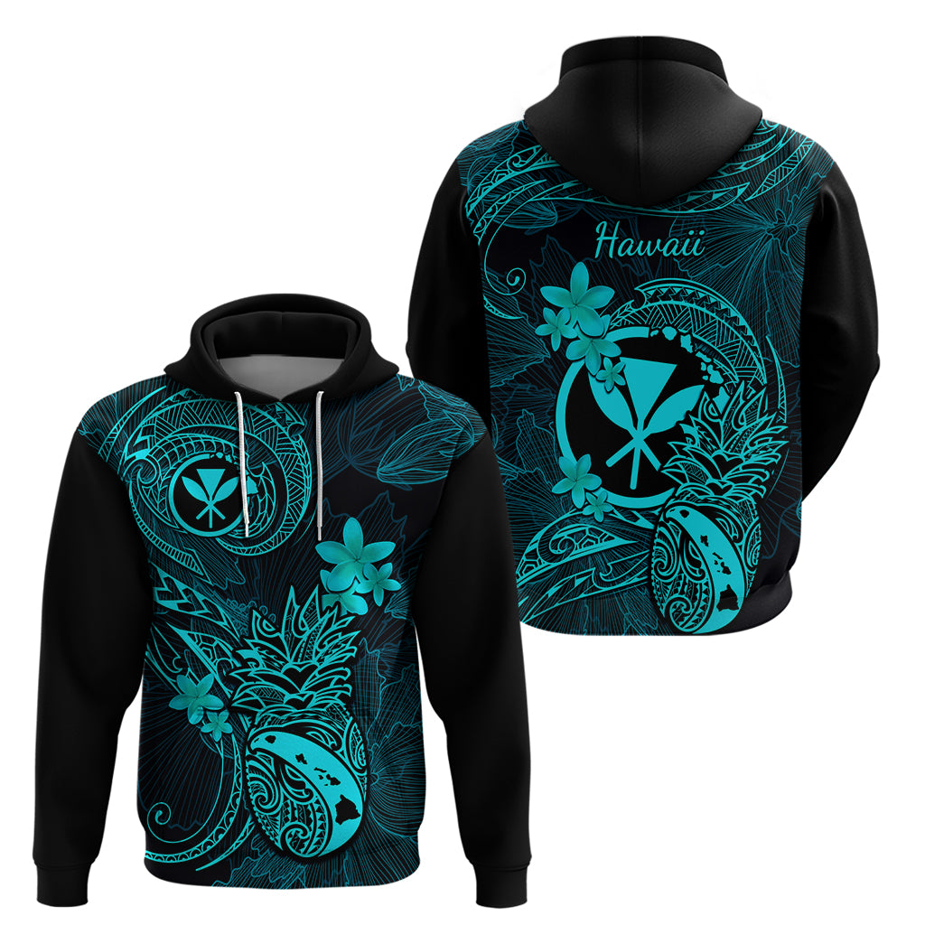Hawaii Hoodie Pineapple Mix Polynesian Plumeria Turquoise Version - Wonder Print Shop