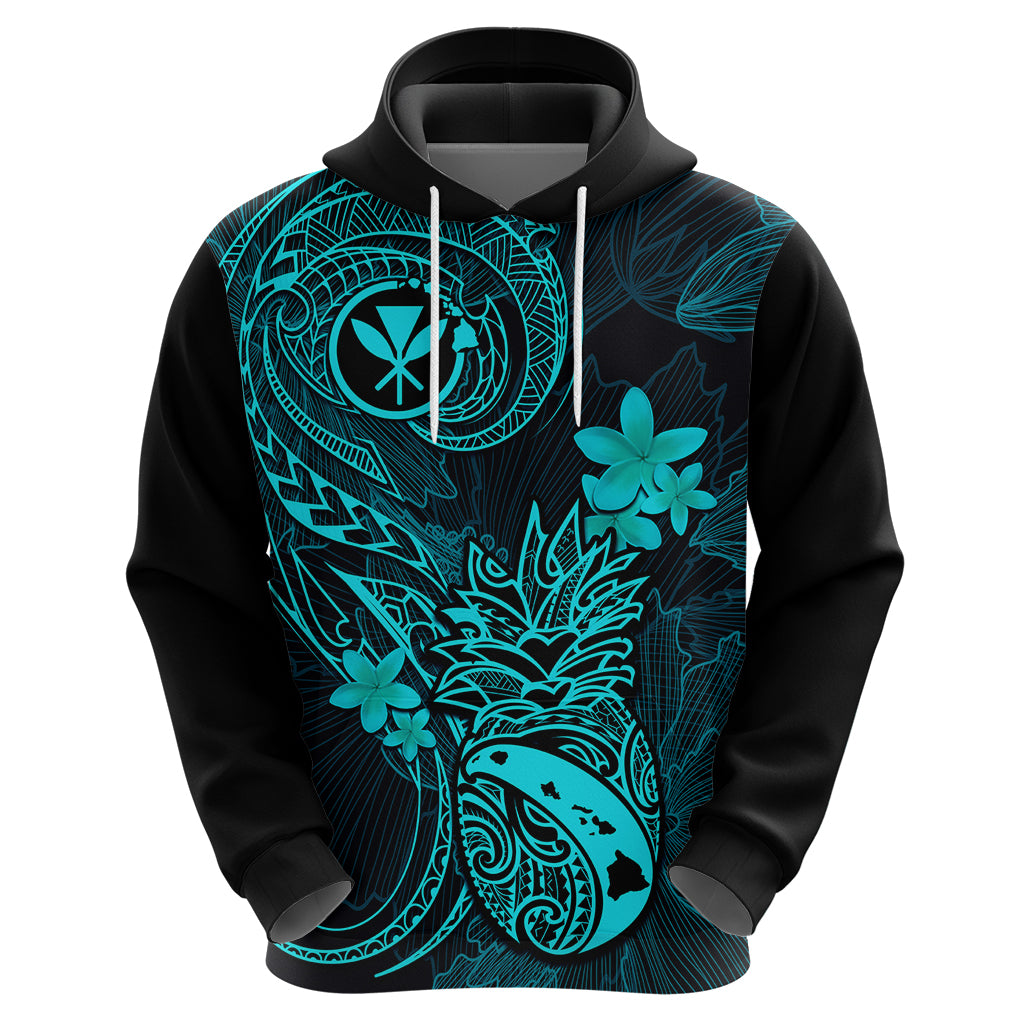 Hawaii Hoodie Pineapple Mix Polynesian Plumeria Turquoise Version - Wonder Print Shop