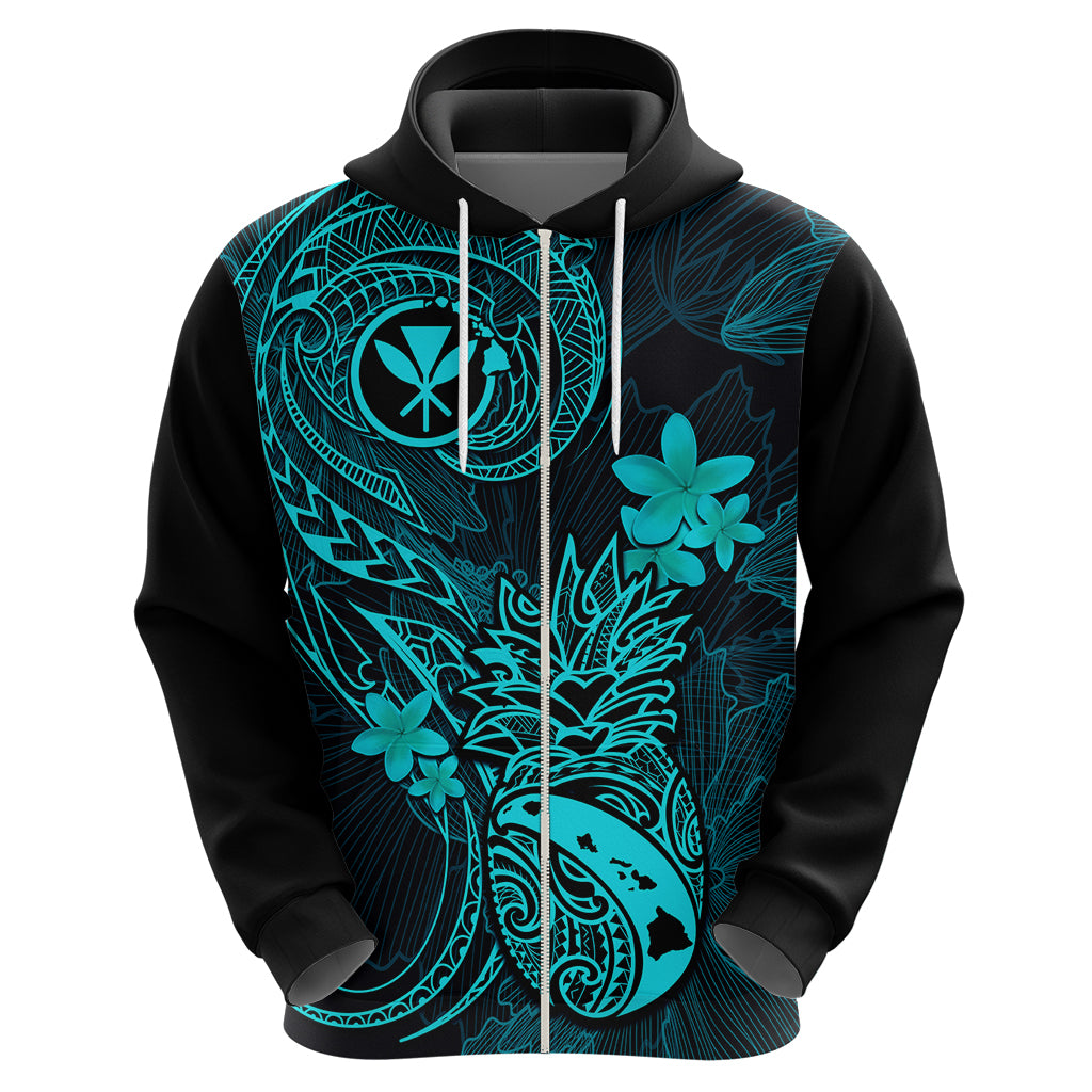 Hawaii Hoodie Pineapple Mix Polynesian Plumeria Turquoise Version - Wonder Print Shop