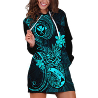 Hawaii Hoodie Dress Pineapple Mix Polynesian Plumeria Turquoise Version - Wonder Print Shop