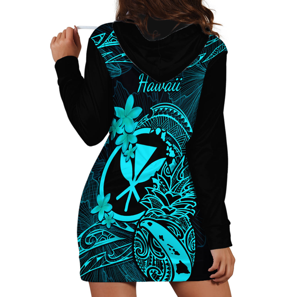 Hawaii Hoodie Dress Pineapple Mix Polynesian Plumeria Turquoise Version - Wonder Print Shop