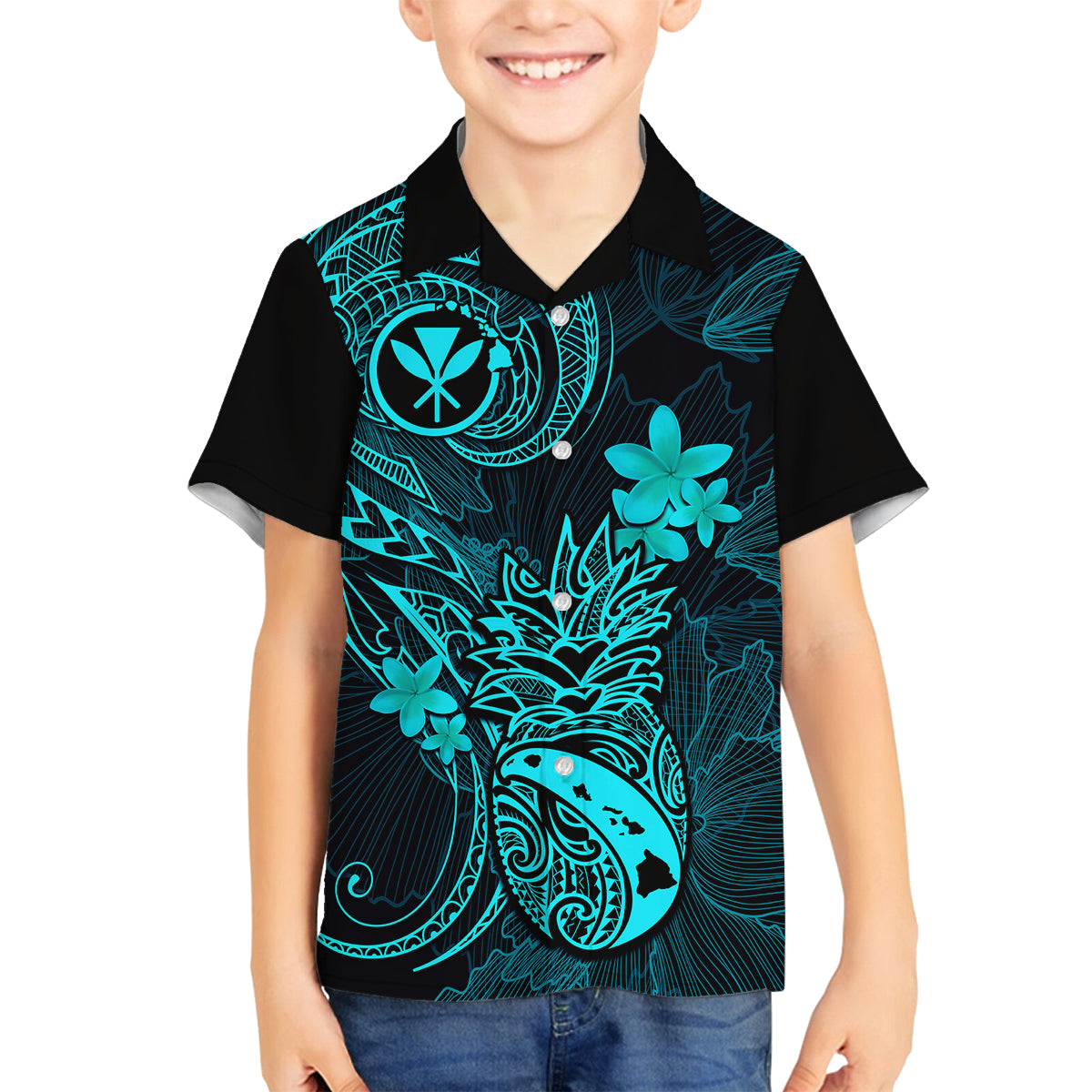 Hawaii Kid Hawaiian Shirt Pineapple Mix Polynesian Plumeria Turquoise Version - Wonder Print Shop