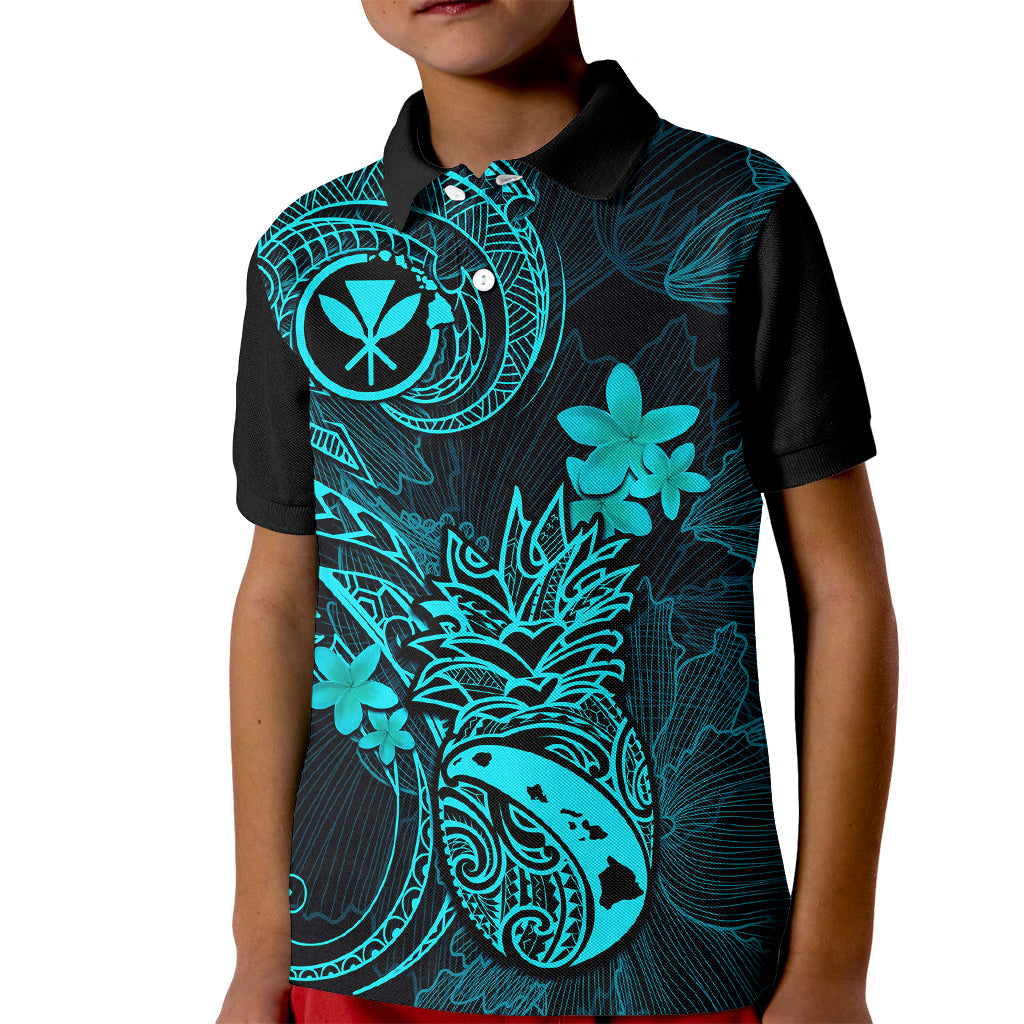 Hawaii Kid Polo Shirt Pineapple Mix Polynesian Plumeria Turquoise Version - Wonder Print Shop