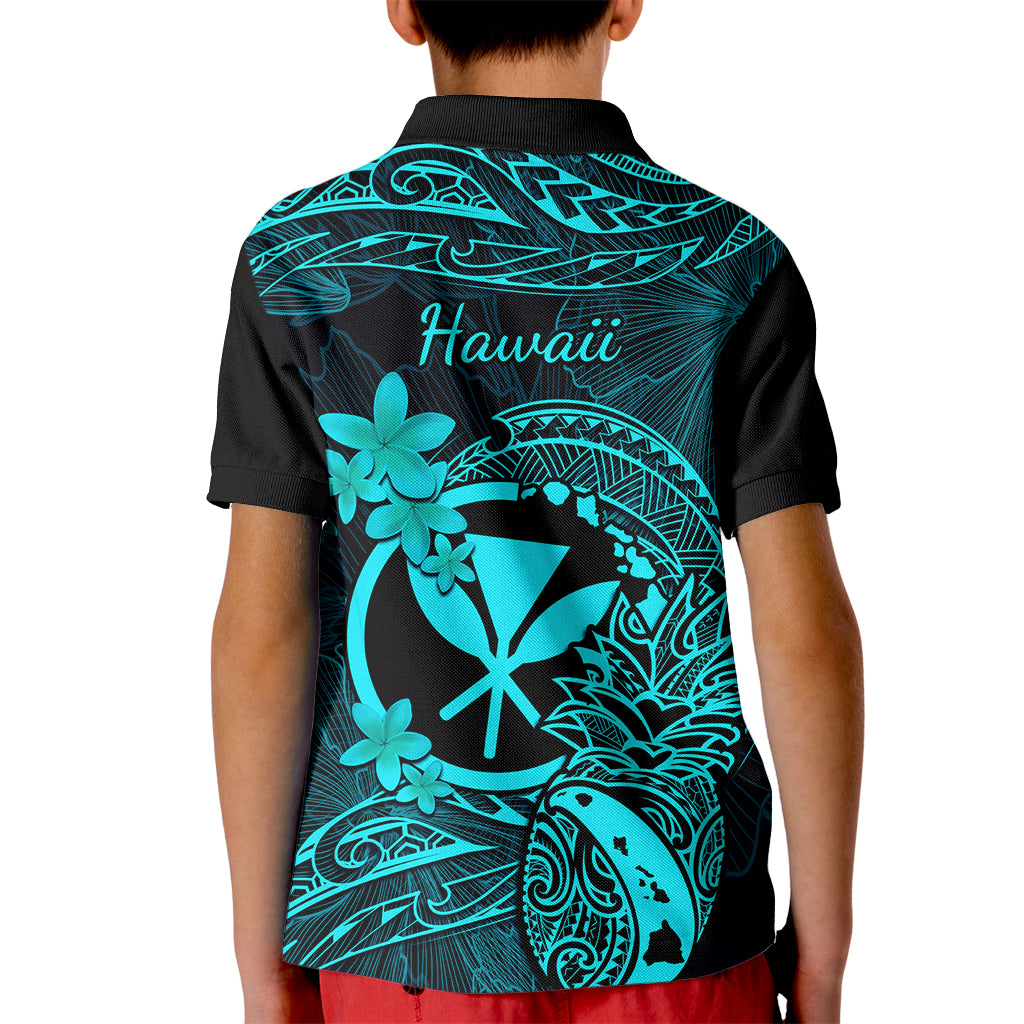 Hawaii Kid Polo Shirt Pineapple Mix Polynesian Plumeria Turquoise Version - Wonder Print Shop