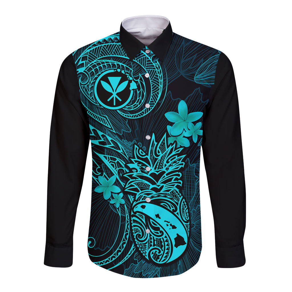 Hawaii Long Sleeve Button Shirt Pineapple Mix Polynesian Plumeria Turquoise Version - Wonder Print Shop