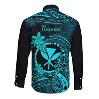 Hawaii Long Sleeve Button Shirt Pineapple Mix Polynesian Plumeria Turquoise Version - Wonder Print Shop