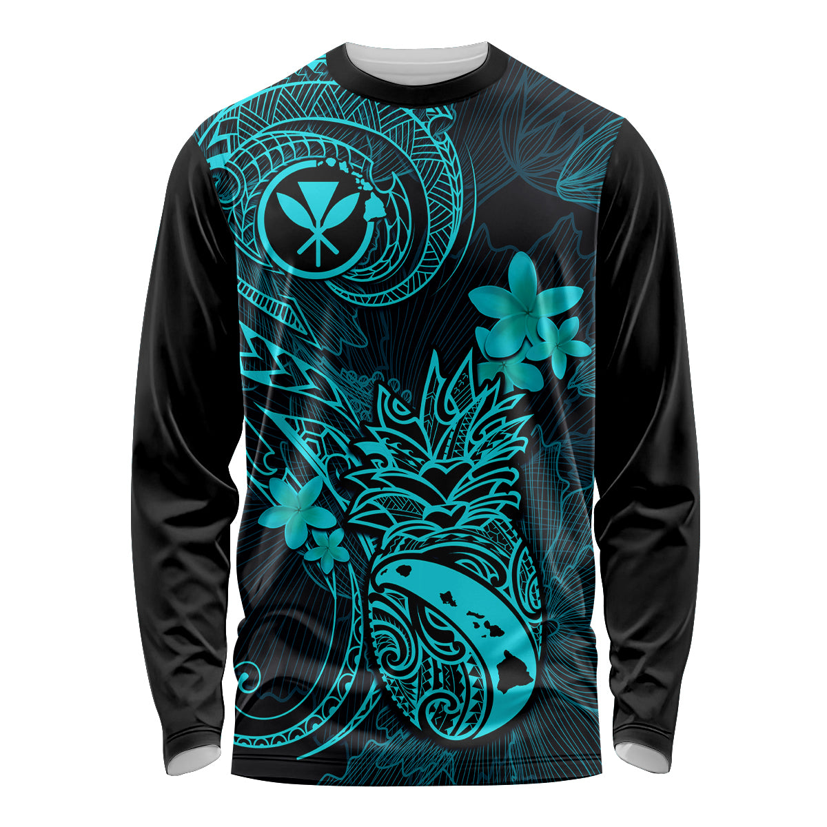 Hawaii Long Sleeve Shirt Pineapple Mix Polynesian Plumeria Turquoise Version - Wonder Print Shop
