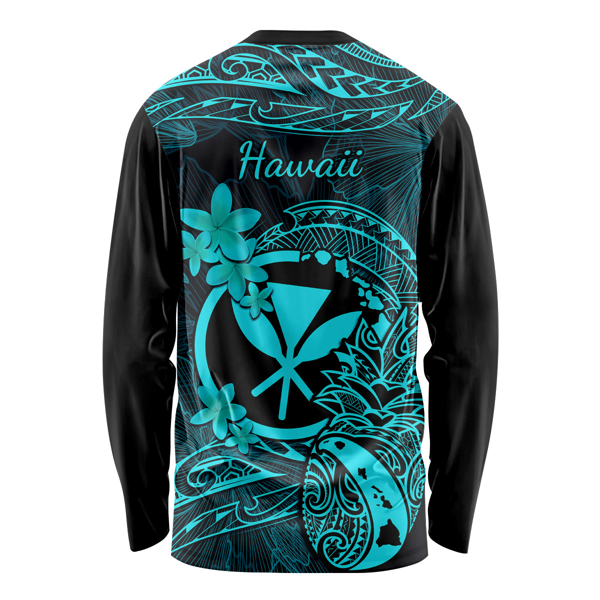 Hawaii Long Sleeve Shirt Pineapple Mix Polynesian Plumeria Turquoise Version - Wonder Print Shop