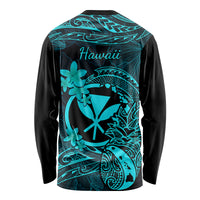 Hawaii Long Sleeve Shirt Pineapple Mix Polynesian Plumeria Turquoise Version - Wonder Print Shop