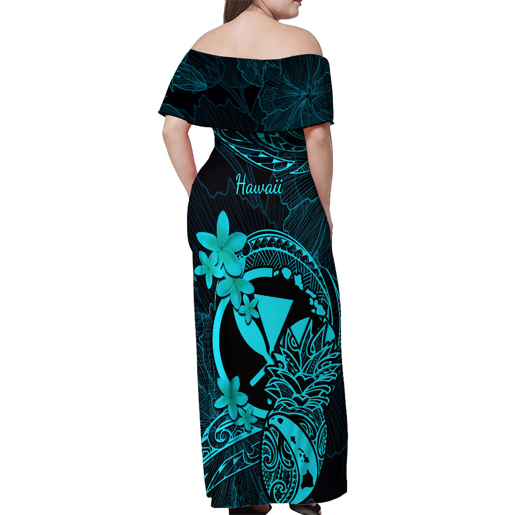 Hawaii Off Shoulder Maxi Dress Pineapple Mix Polynesian Plumeria Turquoise Version - Wonder Print Shop