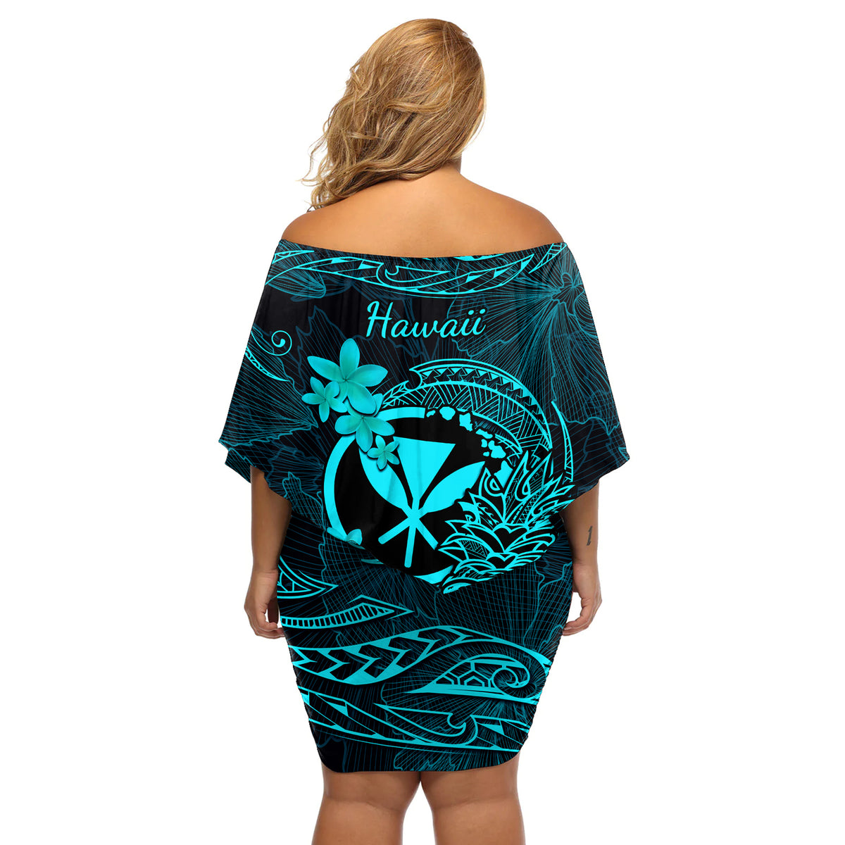 Hawaii Off Shoulder Short Dress Pineapple Mix Polynesian Plumeria Turquoise Version - Wonder Print Shop