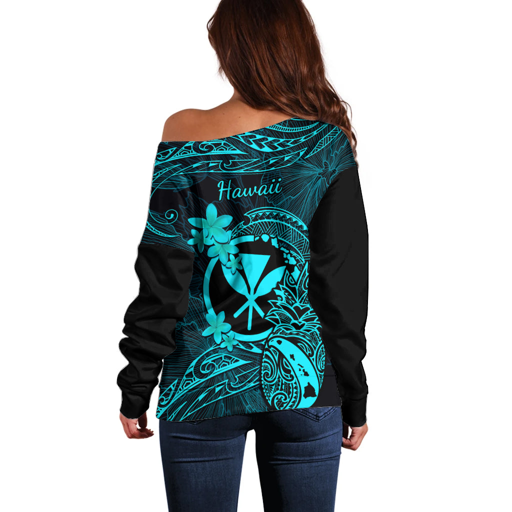 Hawaii Off Shoulder Sweater Pineapple Mix Polynesian Plumeria Turquoise Version - Wonder Print Shop