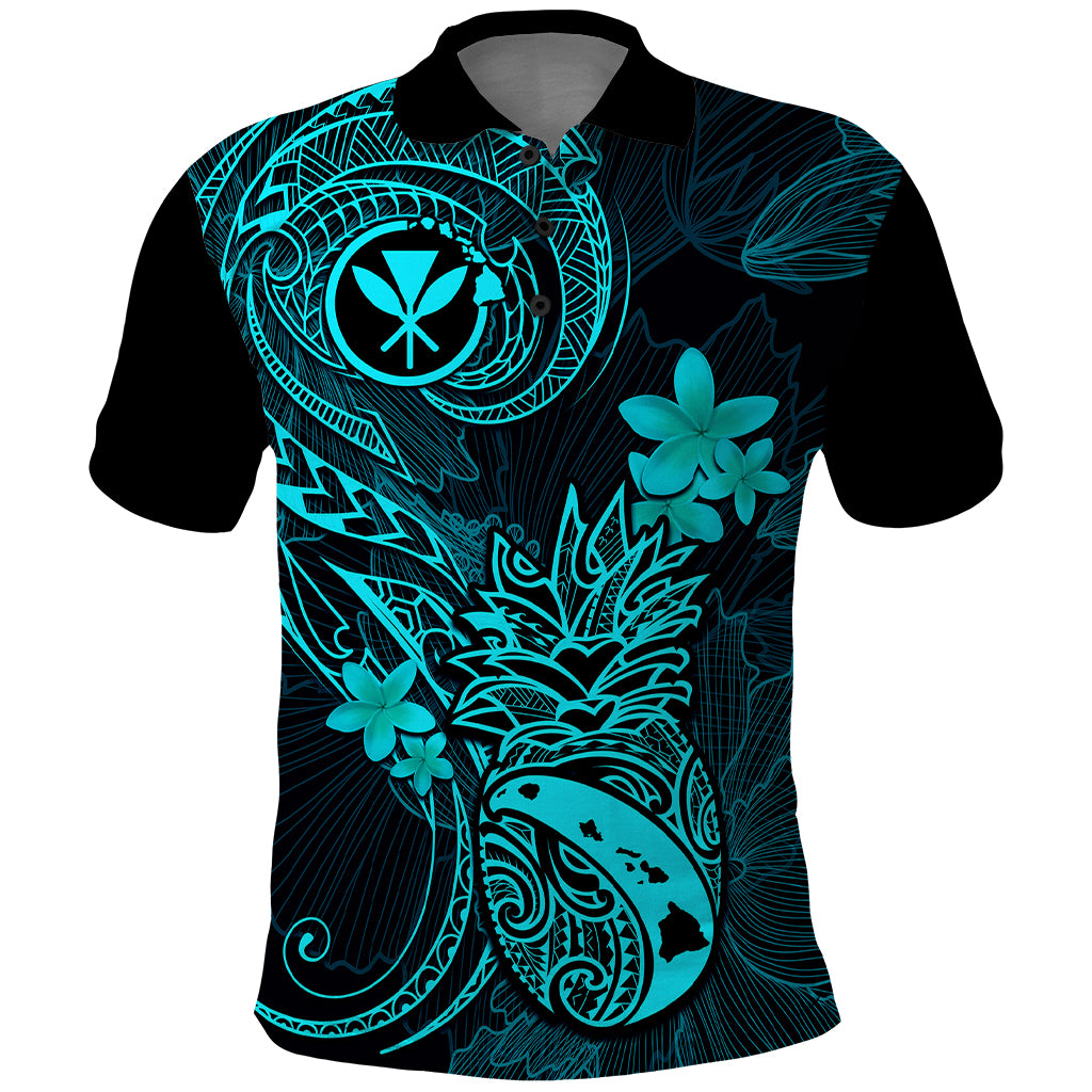 Hawaii Polo Shirt Pineapple Mix Polynesian Plumeria Turquoise Version - Wonder Print Shop