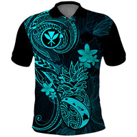 Hawaii Polo Shirt Pineapple Mix Polynesian Plumeria Turquoise Version - Wonder Print Shop