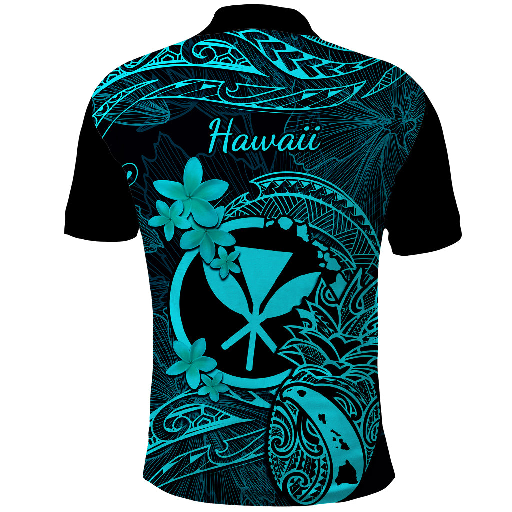 Hawaii Polo Shirt Pineapple Mix Polynesian Plumeria Turquoise Version - Wonder Print Shop