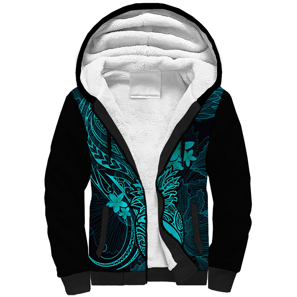 Hawaii Sherpa Hoodie Pineapple Mix Polynesian Plumeria Turquoise Version - Wonder Print Shop