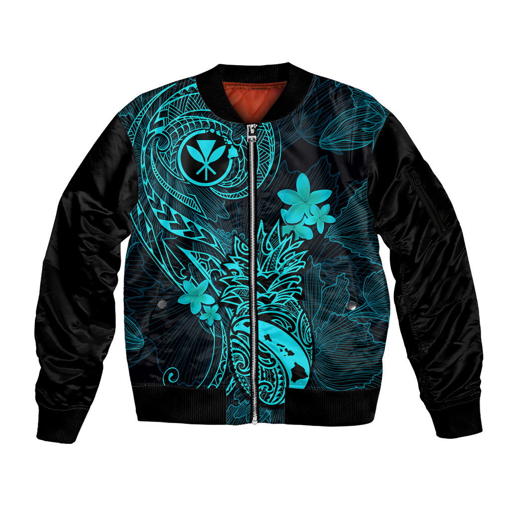 Hawaii Sleeve Zip Bomber Jacket Pineapple Mix Polynesian Plumeria Turquoise Version - Wonder Print Shop
