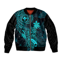 Hawaii Sleeve Zip Bomber Jacket Pineapple Mix Polynesian Plumeria Turquoise Version - Wonder Print Shop