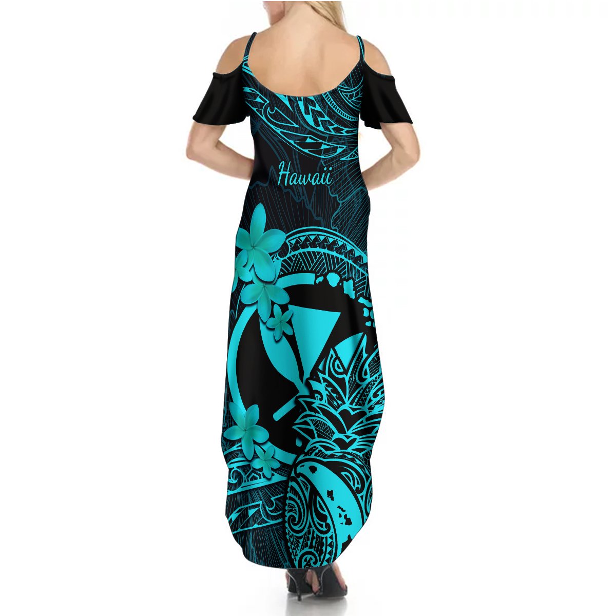 Hawaii Summer Maxi Dress Pineapple Mix Polynesian Plumeria Turquoise Version - Wonder Print Shop