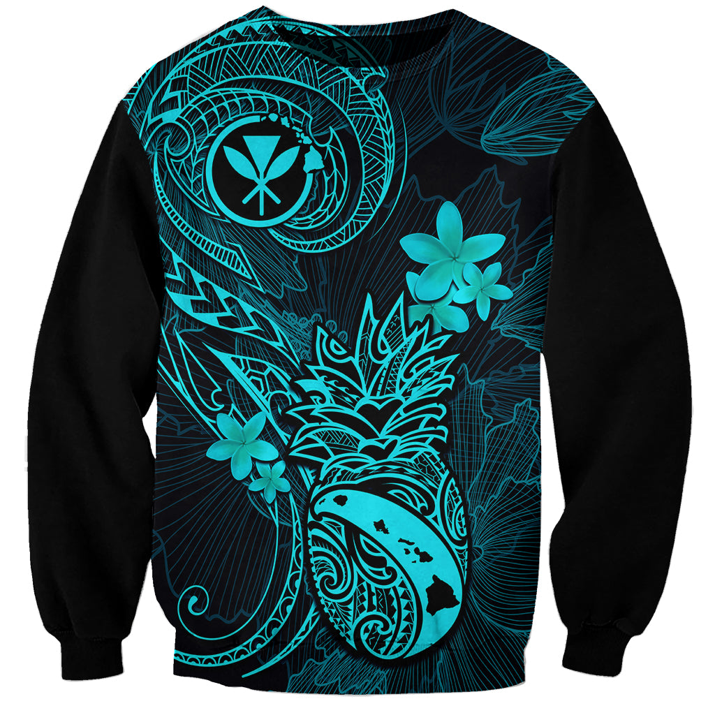 Hawaii Sweatshirt Pineapple Mix Polynesian Plumeria Turquoise Version - Wonder Print Shop