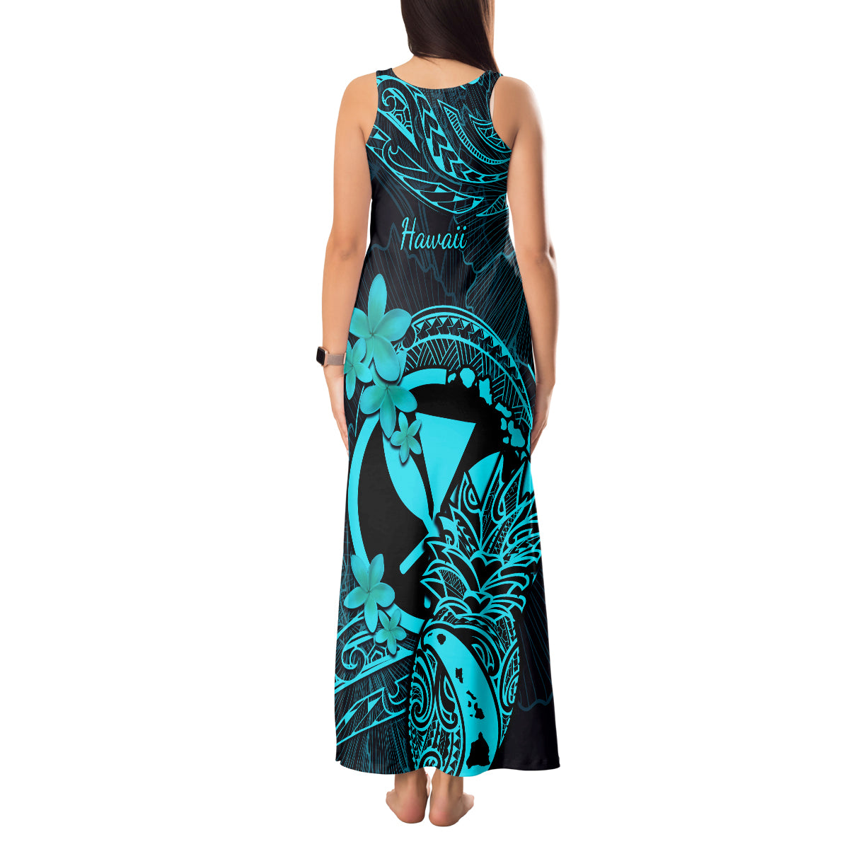 Hawaii Tank Maxi Dress Pineapple Mix Polynesian Plumeria Turquoise Version - Wonder Print Shop