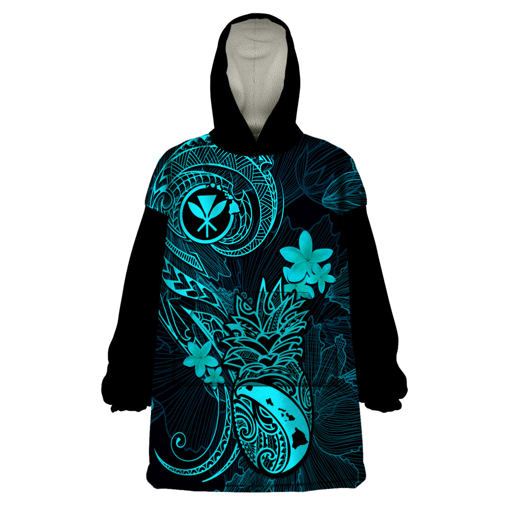 Hawaii Wearable Blanket Hoodie Pineapple Mix Polynesian Plumeria Turquoise Version - Wonder Print Shop