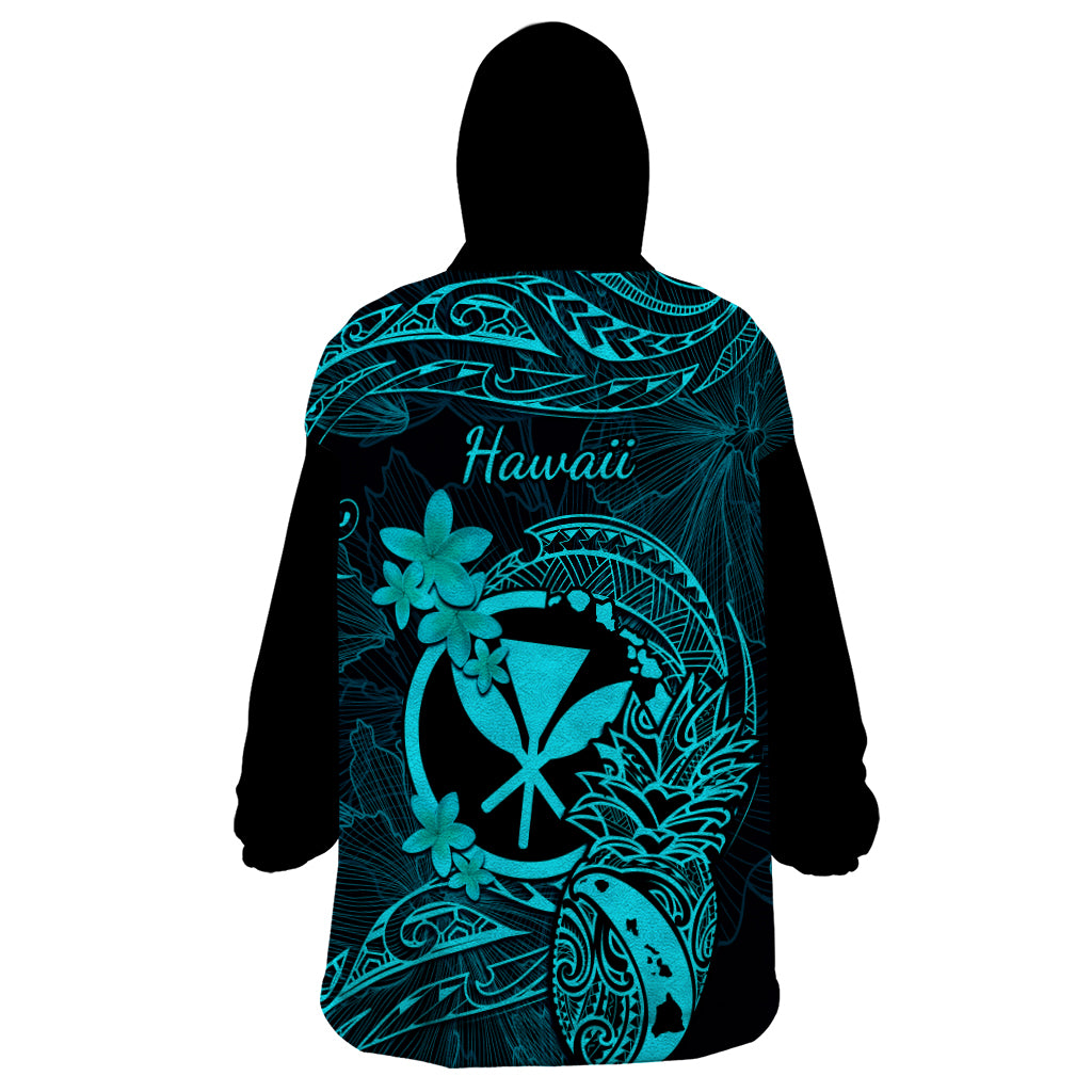 Hawaii Wearable Blanket Hoodie Pineapple Mix Polynesian Plumeria Turquoise Version - Wonder Print Shop