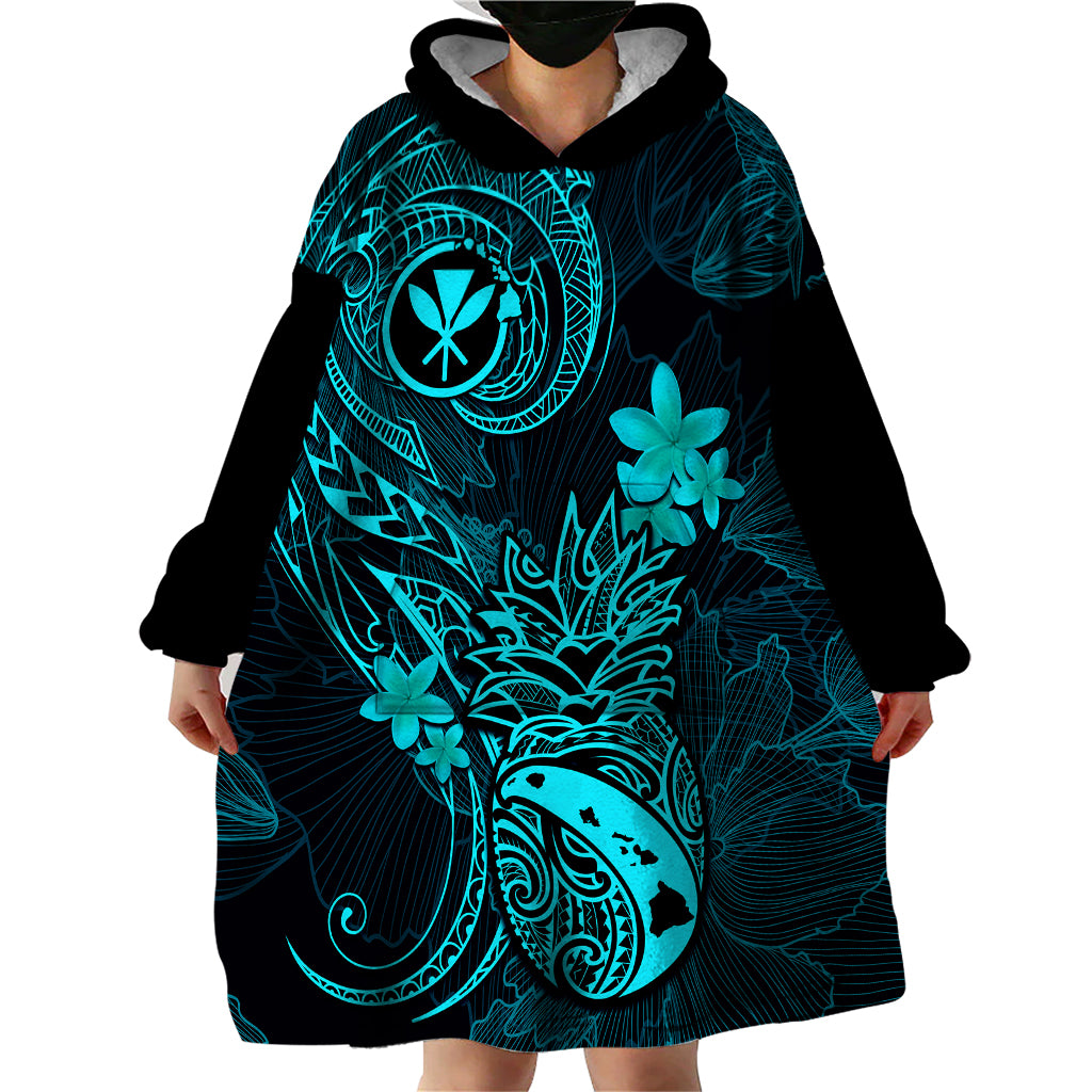 Hawaii Wearable Blanket Hoodie Pineapple Mix Polynesian Plumeria Turquoise Version - Wonder Print Shop