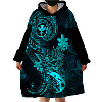 Hawaii Wearable Blanket Hoodie Pineapple Mix Polynesian Plumeria Turquoise Version - Wonder Print Shop
