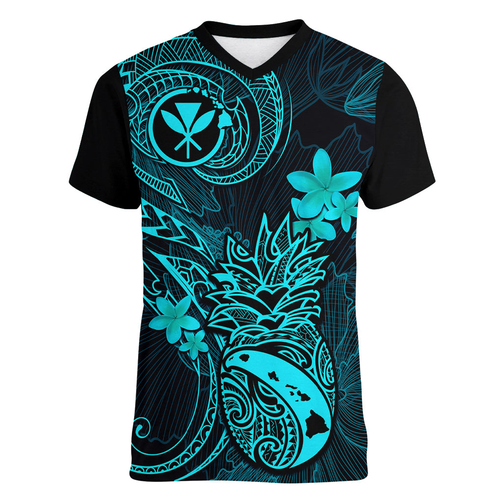 Hawaii Women V Neck T Shirt Pineapple Mix Polynesian Plumeria Turquoise Version - Wonder Print Shop
