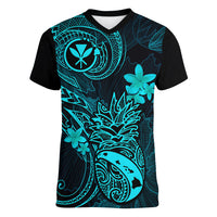 Hawaii Women V Neck T Shirt Pineapple Mix Polynesian Plumeria Turquoise Version - Wonder Print Shop