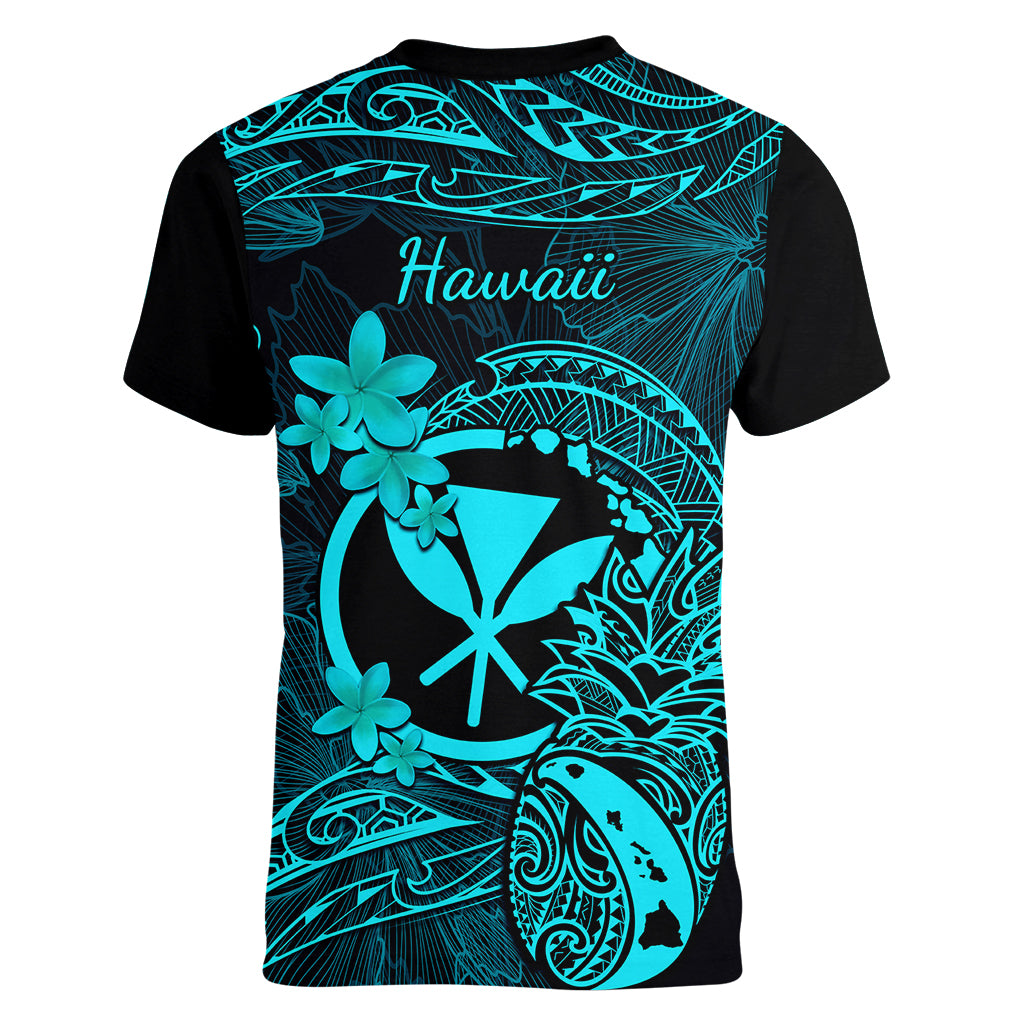 Hawaii Women V Neck T Shirt Pineapple Mix Polynesian Plumeria Turquoise Version - Wonder Print Shop