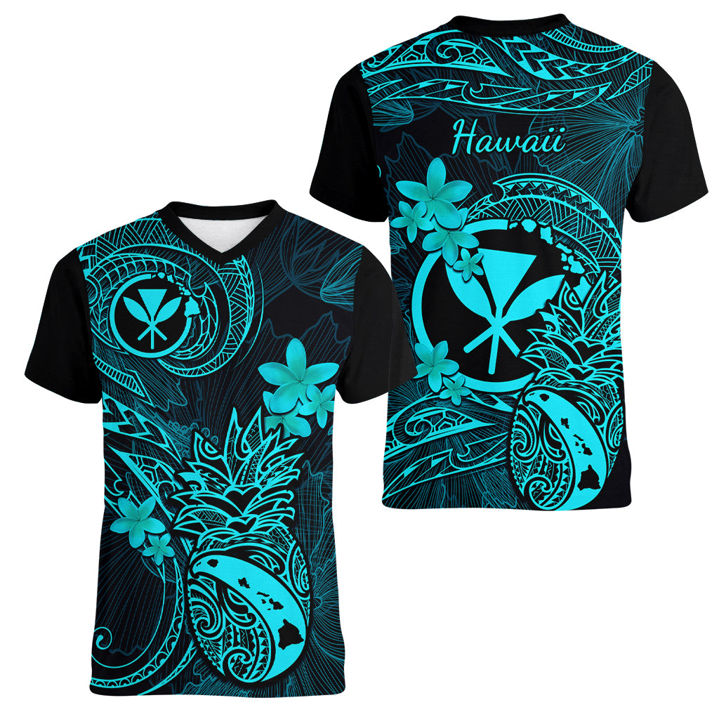 Hawaii Women V Neck T Shirt Pineapple Mix Polynesian Plumeria Turquoise Version - Wonder Print Shop