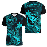 Hawaii Women V Neck T Shirt Pineapple Mix Polynesian Plumeria Turquoise Version - Wonder Print Shop