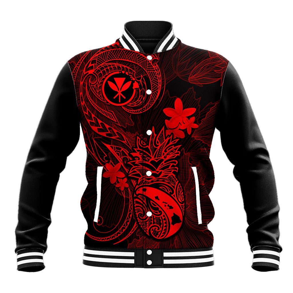 Hawaii Baseball Jacket Pineapple Mix Polynesian Plumeria Red Version - Wonder Print Shop