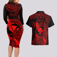 Hawaii Couples Matching Long Sleeve Bodycon Dress and Hawaiian Shirt Pineapple Mix Polynesian Plumeria Red Version - Wonder Print Shop