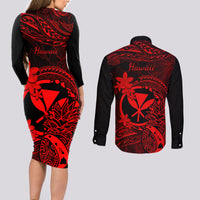 Hawaii Couples Matching Long Sleeve Bodycon Dress and Long Sleeve Button Shirts Pineapple Mix Polynesian Plumeria Red Version - Wonder Print Shop