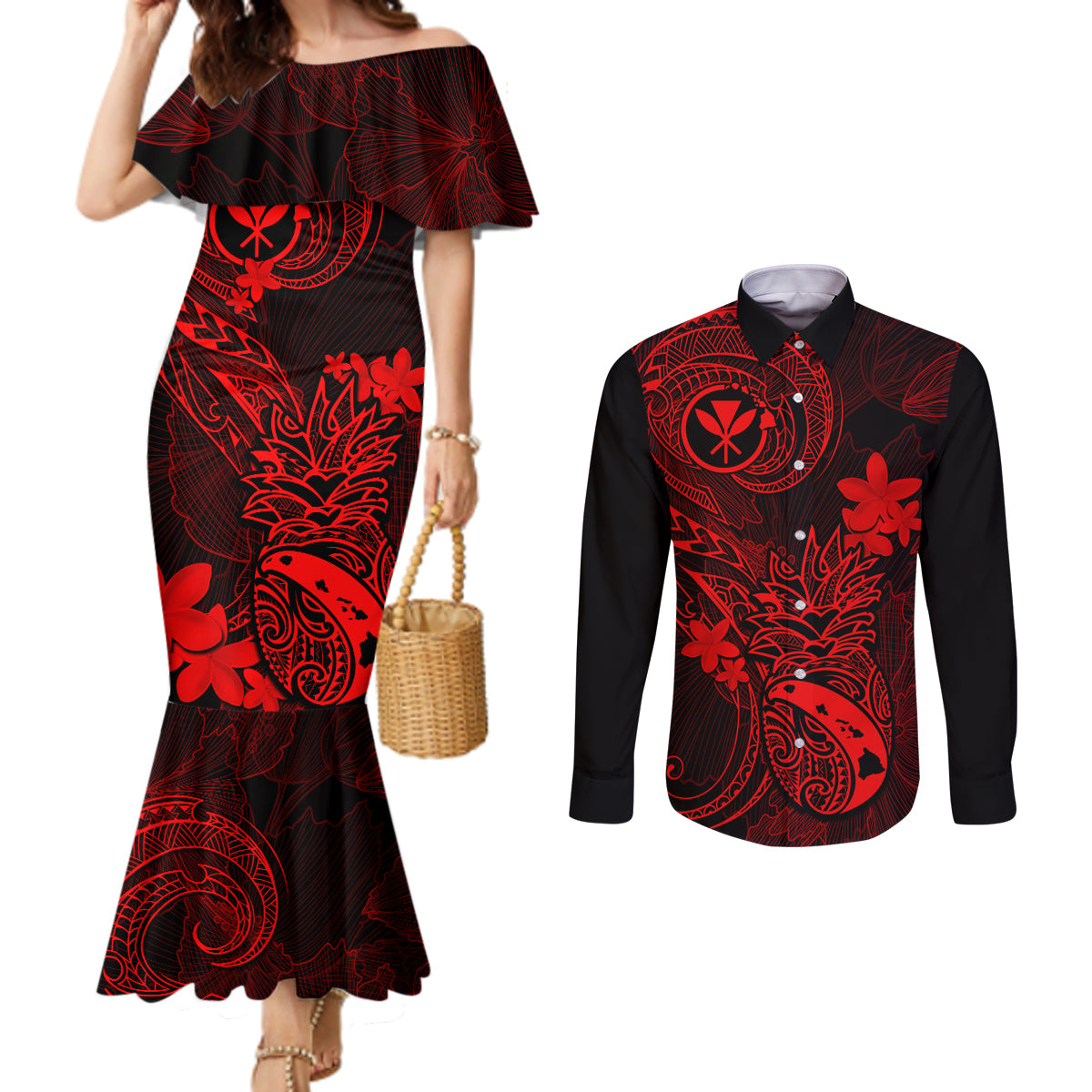 hawaii-couples-matching-mermaid-dress-and-long-sleeve-button-shirts-pineapple-mix-polynesian-plumeria-red-version