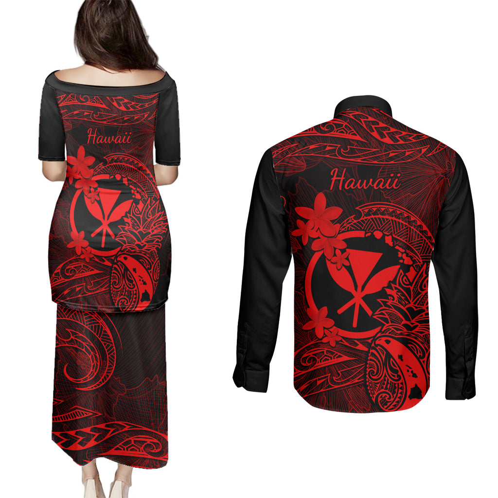 Hawaii Couples Matching Puletasi Dress and Long Sleeve Button Shirts Pineapple Mix Polynesian Plumeria Red Version - Wonder Print Shop
