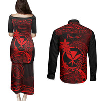 Hawaii Couples Matching Puletasi Dress and Long Sleeve Button Shirts Pineapple Mix Polynesian Plumeria Red Version - Wonder Print Shop