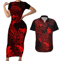 Hawaii Couples Matching Short Sleeve Bodycon Dress and Hawaiian Shirt Pineapple Mix Polynesian Plumeria Red Version - Wonder Print Shop